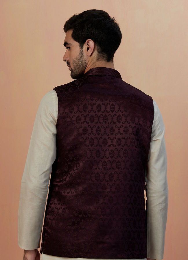 alt message - Manyavar Men Wine Self Design Jacket image number 2